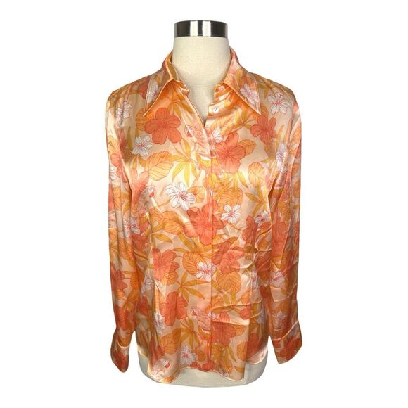 Vintage Starington Tropical Print Silk Blouse - Cantaloupe - Size 8 - Picture 1 of 5